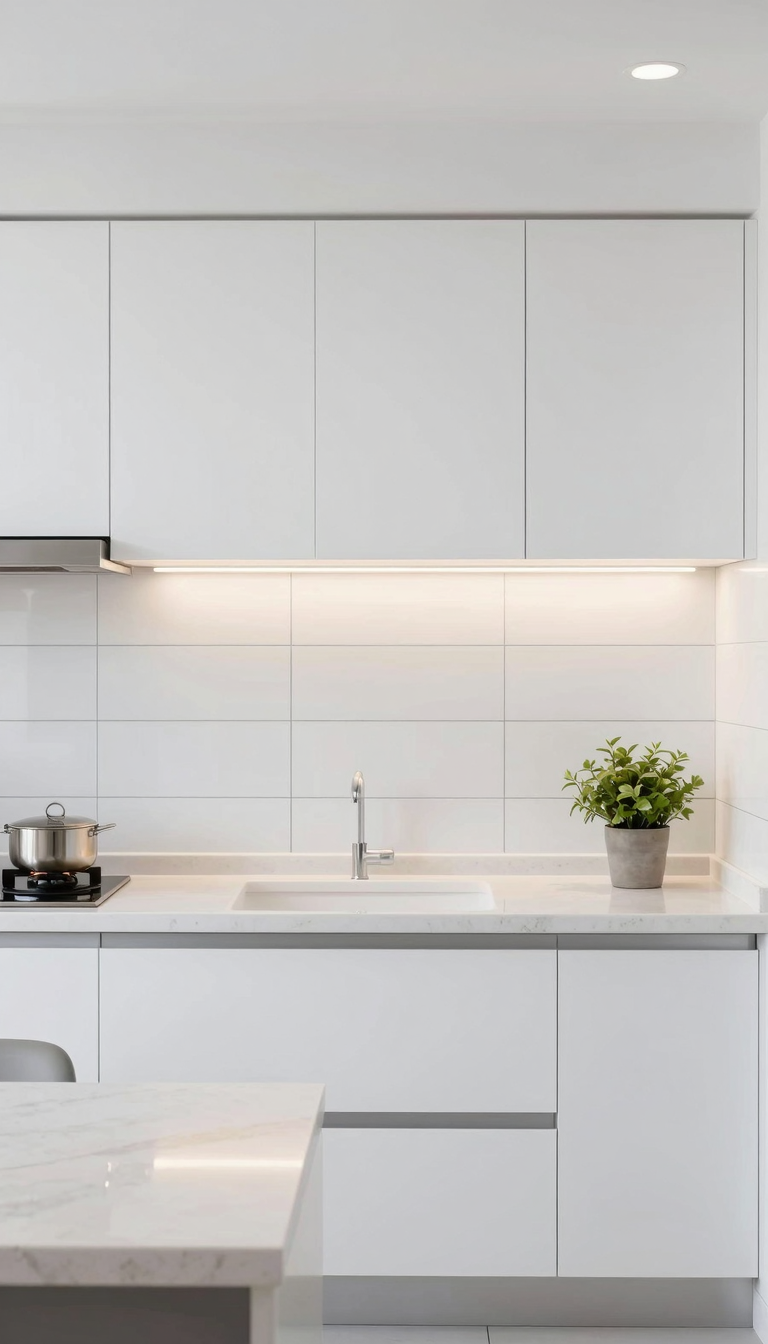 Large-format tiles in white finish with dark gray grout in a modern kitchen