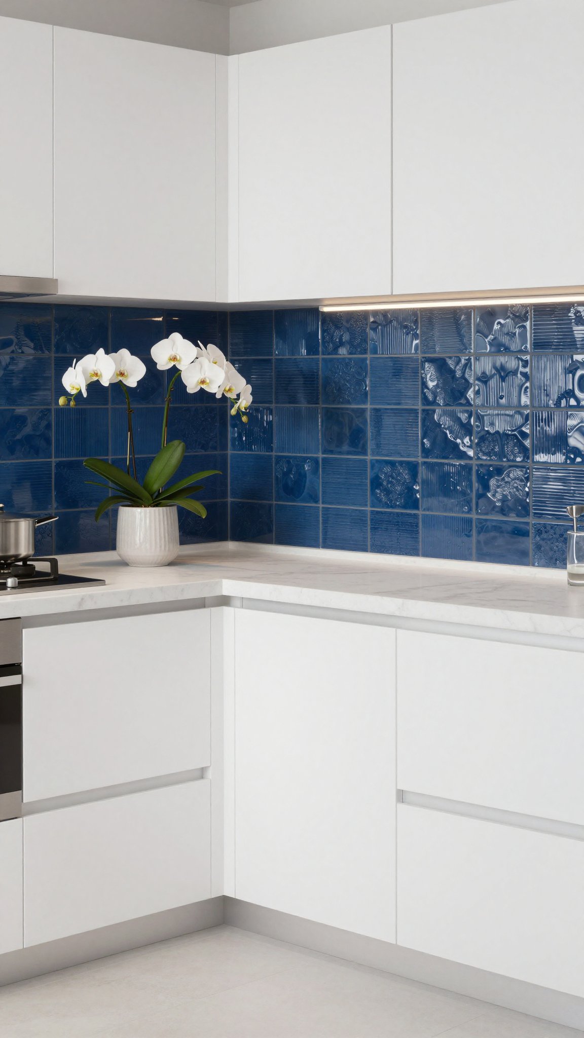 3D textured tiles in deep blue finish with a raised pattern