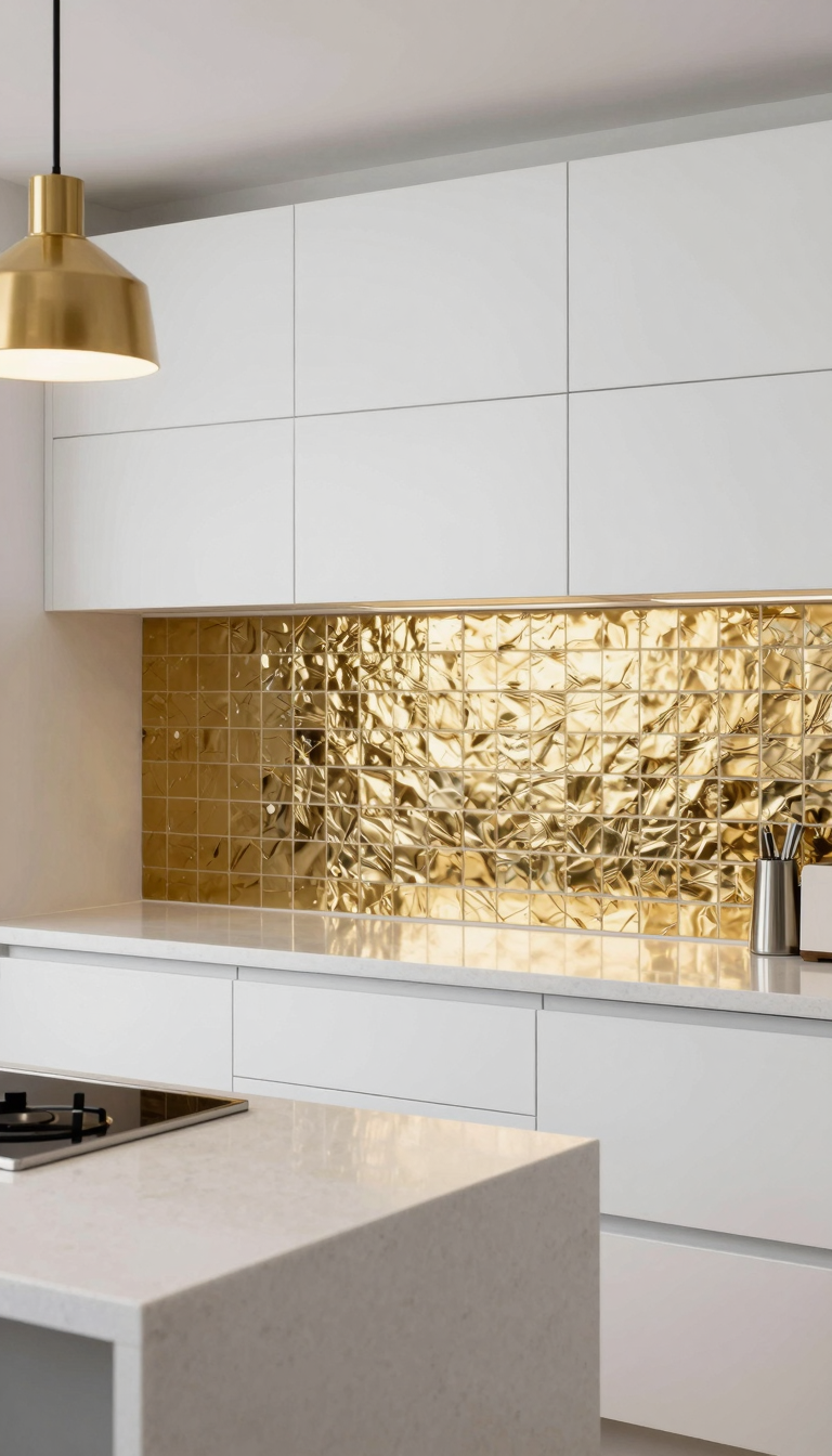 Peel-and-stick metallic tiles in gold finish behind a white stove