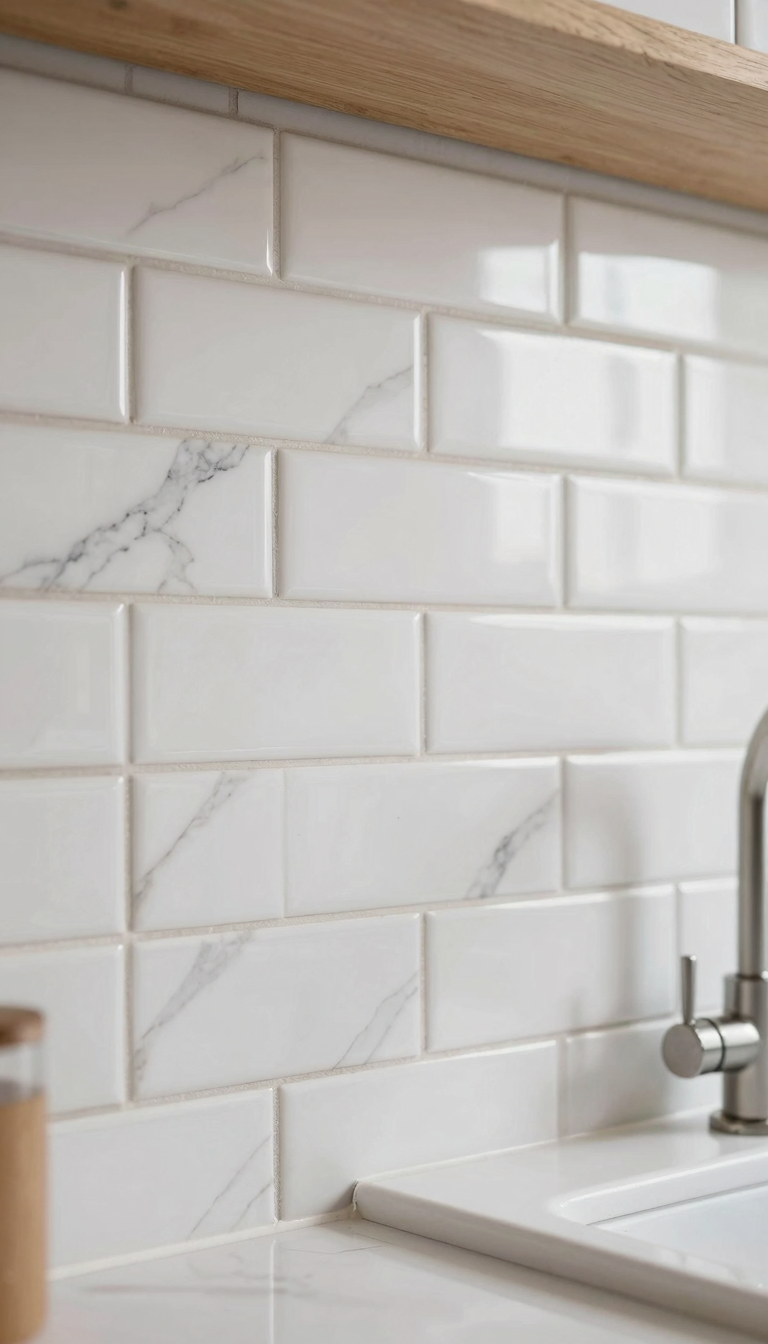 Close-up of glossy white subway tiles with gray veining in a herringbone pattern