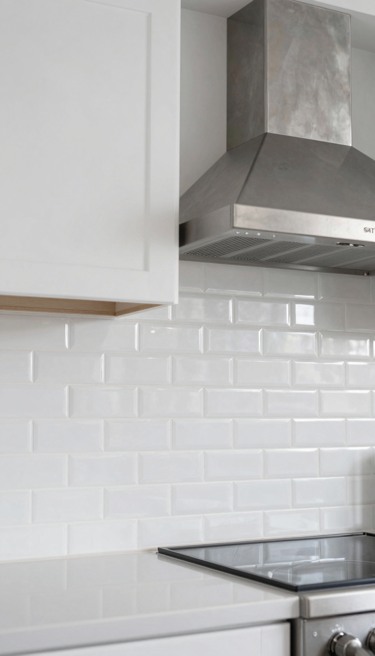 Glossy white subway tiles with bright white grout in a modern kitchen