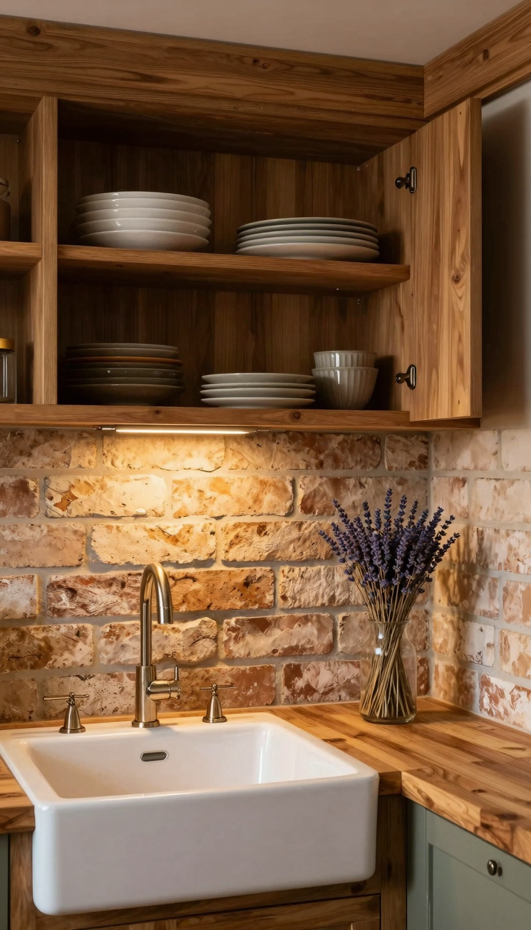 Rustic brick-look peel-and-stick panels in a farmhouse kitchen with open shelving