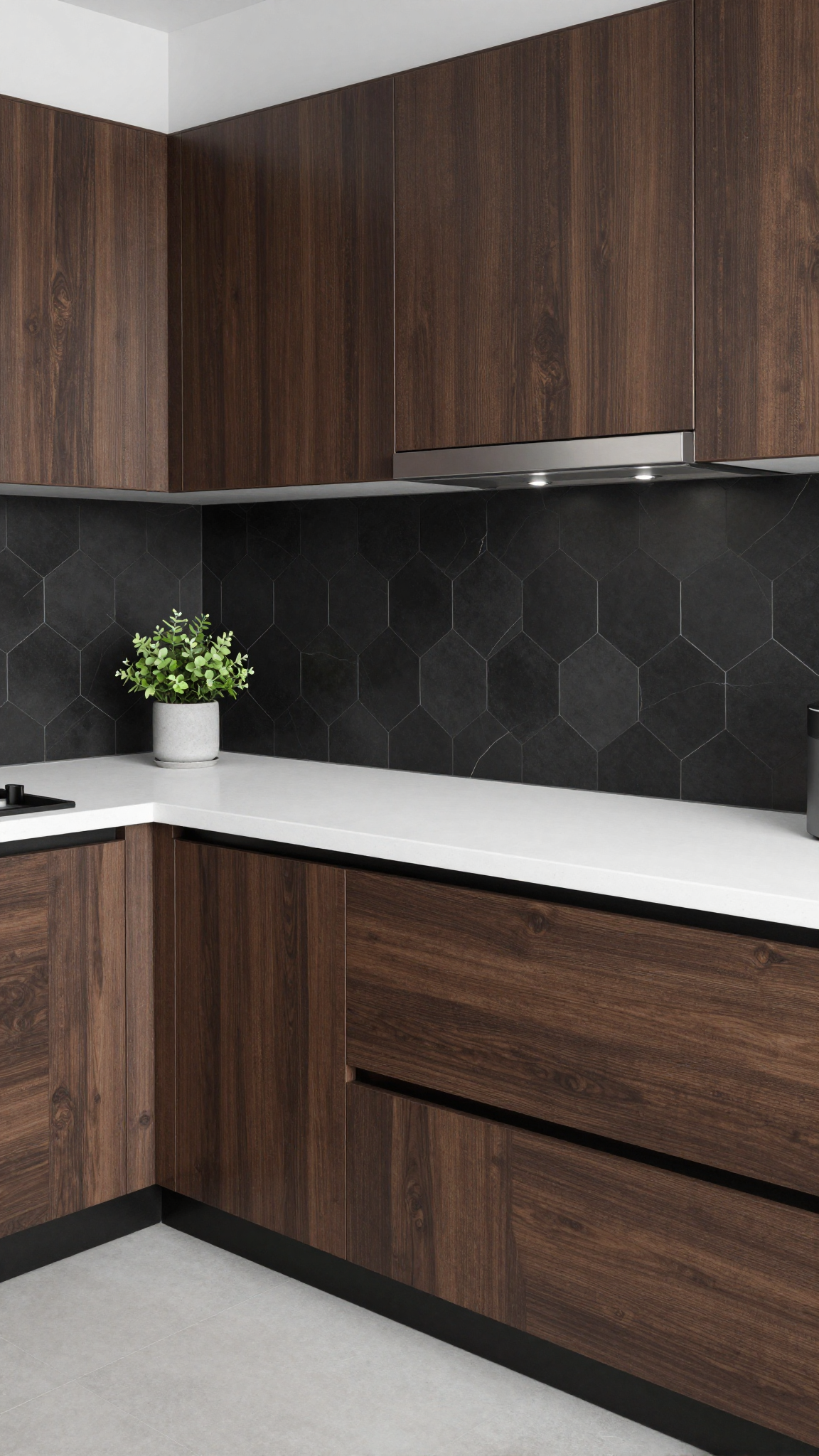 Hexagon pattern tiles in matte black with white grout in a modern kitchen
