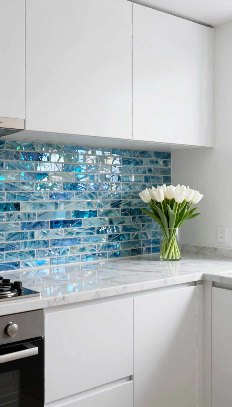 Mosaic glass tiles in iridescent blue behind a stainless steel stove