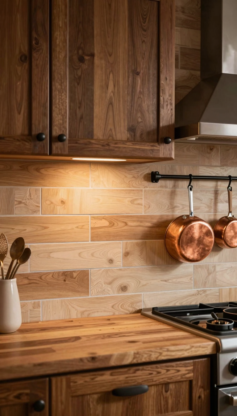 Wood-look plank tiles in light oak finish in a cabin-style kitchen