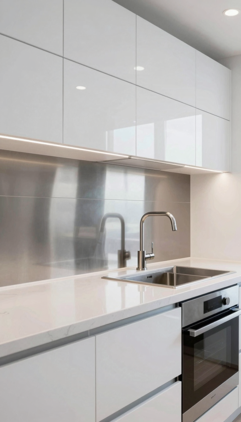 Metallic tiles in stainless steel finish behind a gas stove
