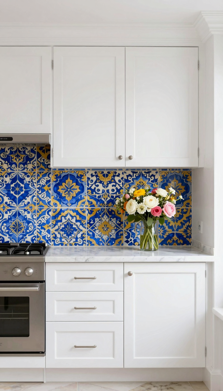 Moroccan-inspired patterned tiles in cobalt blue and gold behind a white stove