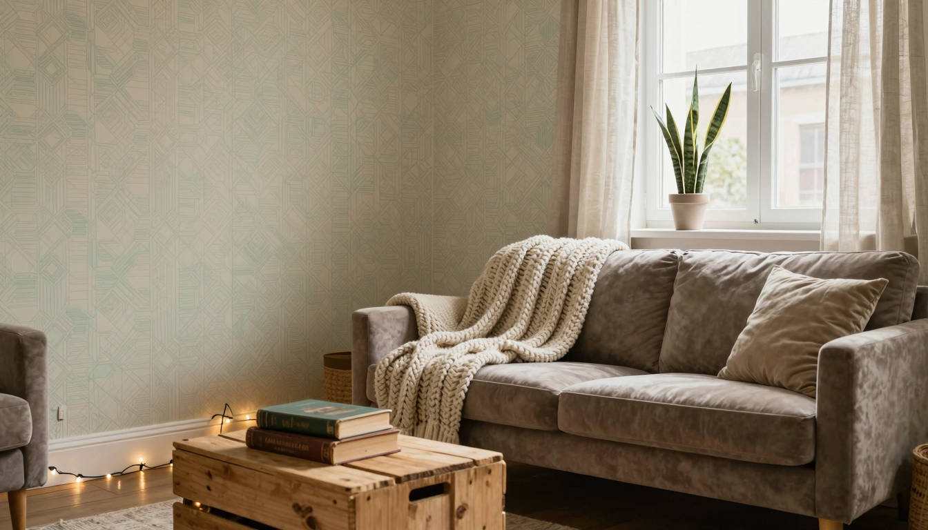 Cozy apartment living room with removable wallpaper, chunky throw blanket, and warm natural lighting for apartment decorating on a budget