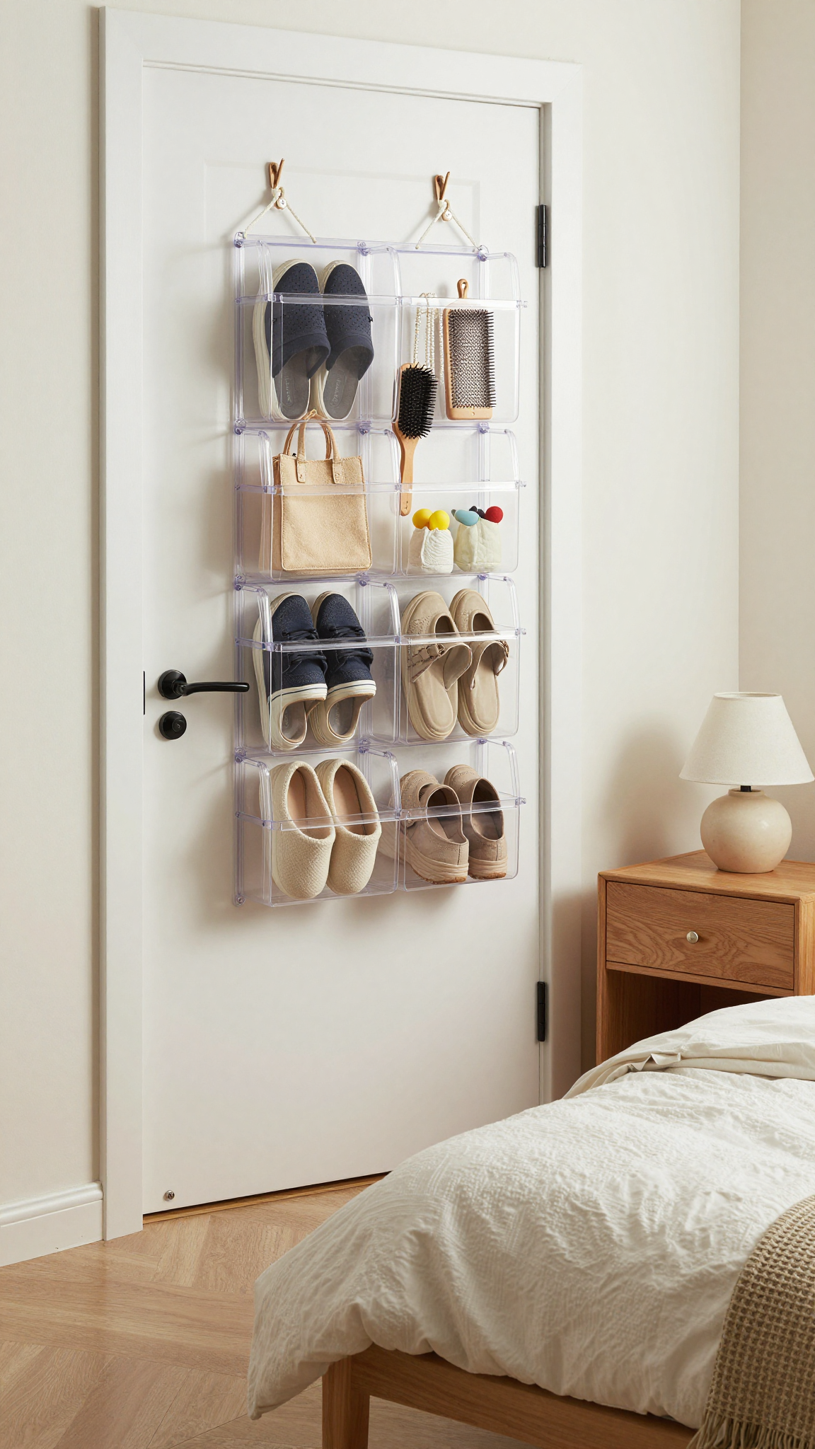Over-the-door organizer holding shoes and accessories in a small bedroom for vertical space maximization