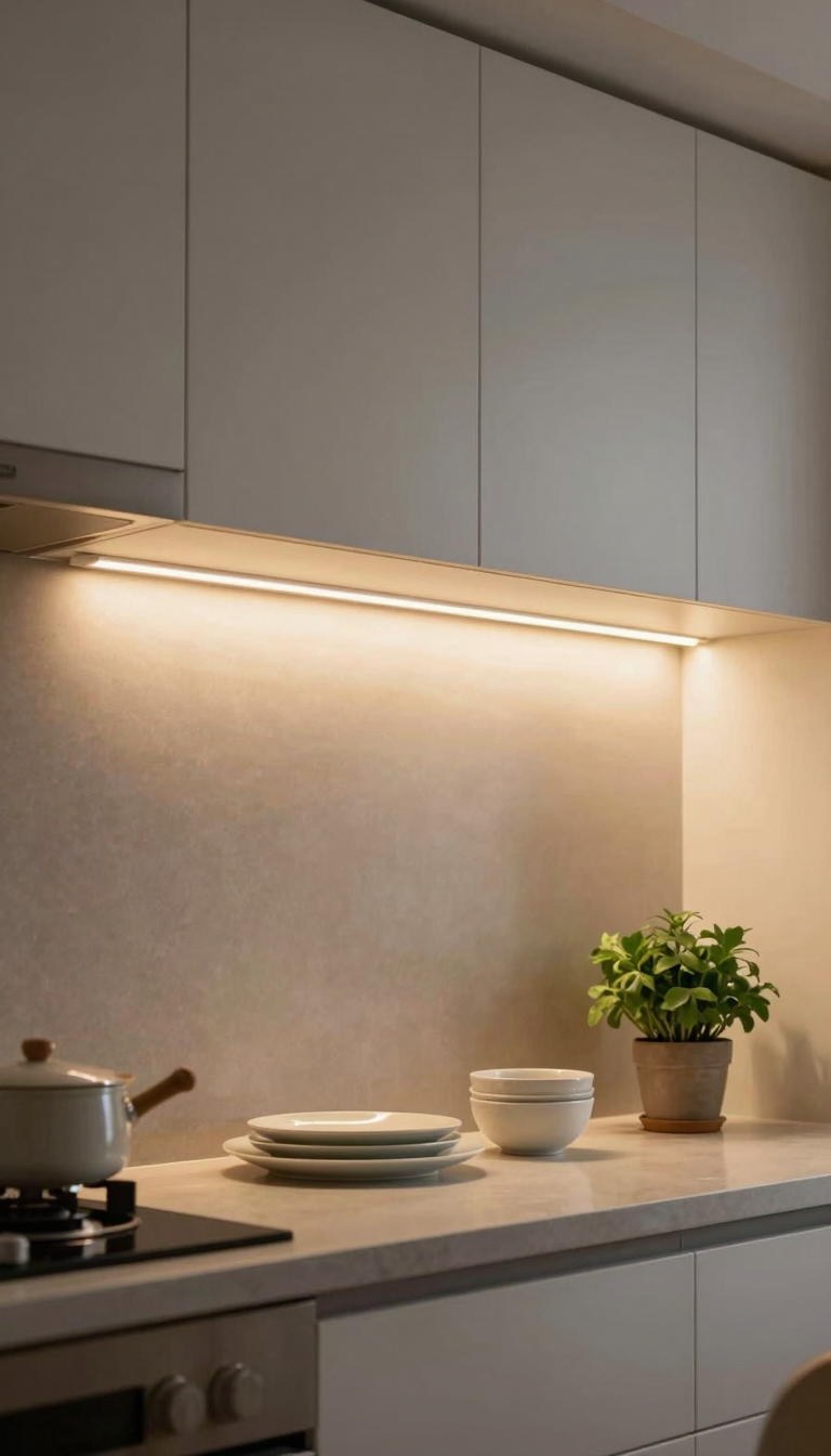 LED strip lights under cabinets casting warm glow in a small kitchen for modern lighting on a budget