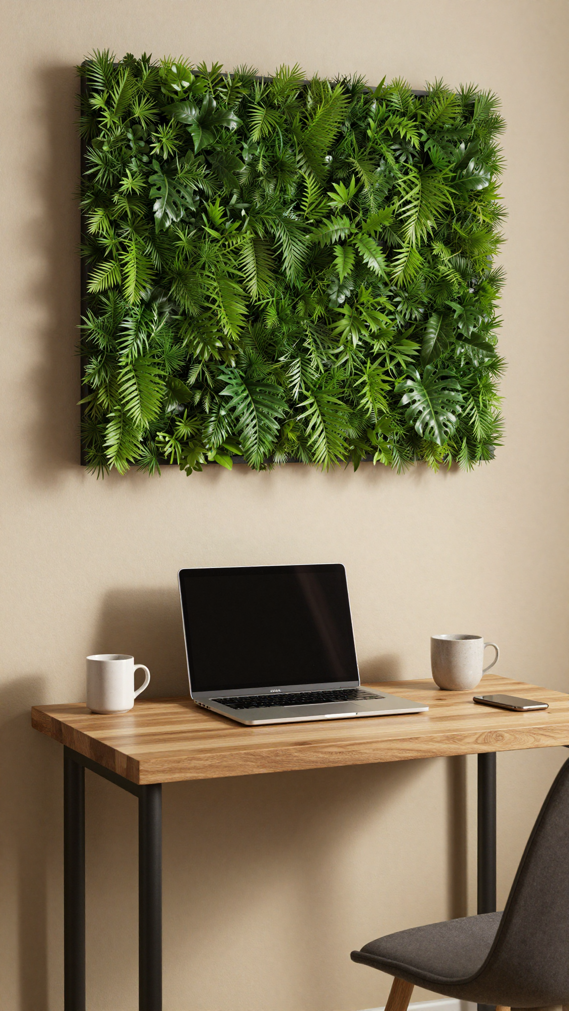 Faux greenery wall hanging above a desk in a small workspace for low-maintenance decor