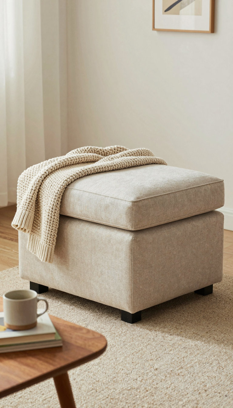 Multi-functional storage ottoman in neutral tone serving as seating and storage in a cozy living room