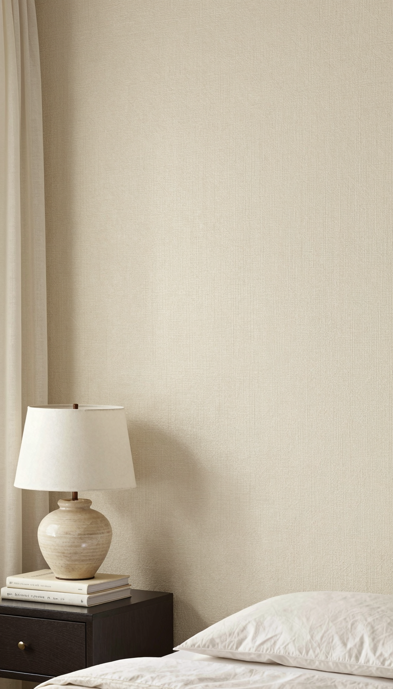 Peel-and-stick wallpaper with grasscloth texture in warm beige on a bedroom wall for apartment decorating on a budget