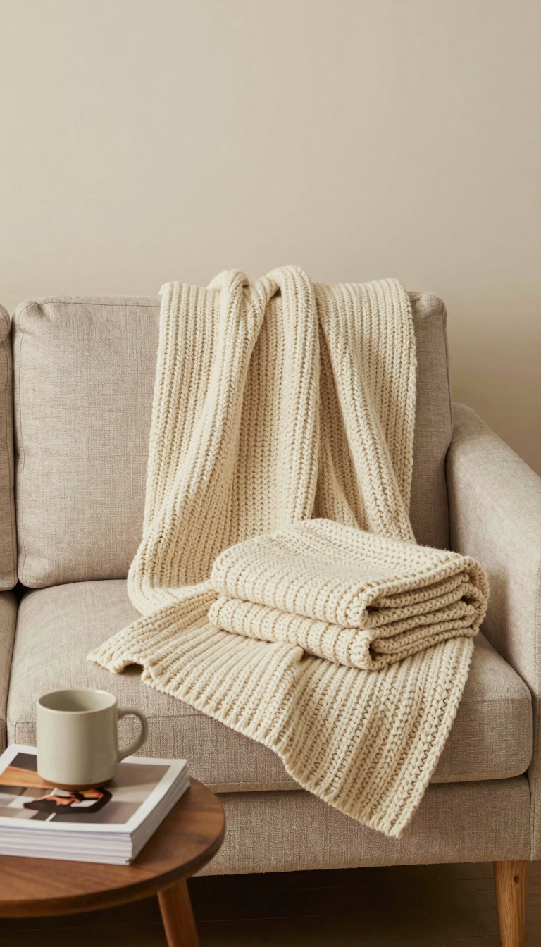 Chunky knit throw blanket draped over a neutral sofa in a cozy living room for apartment decorating on a budget