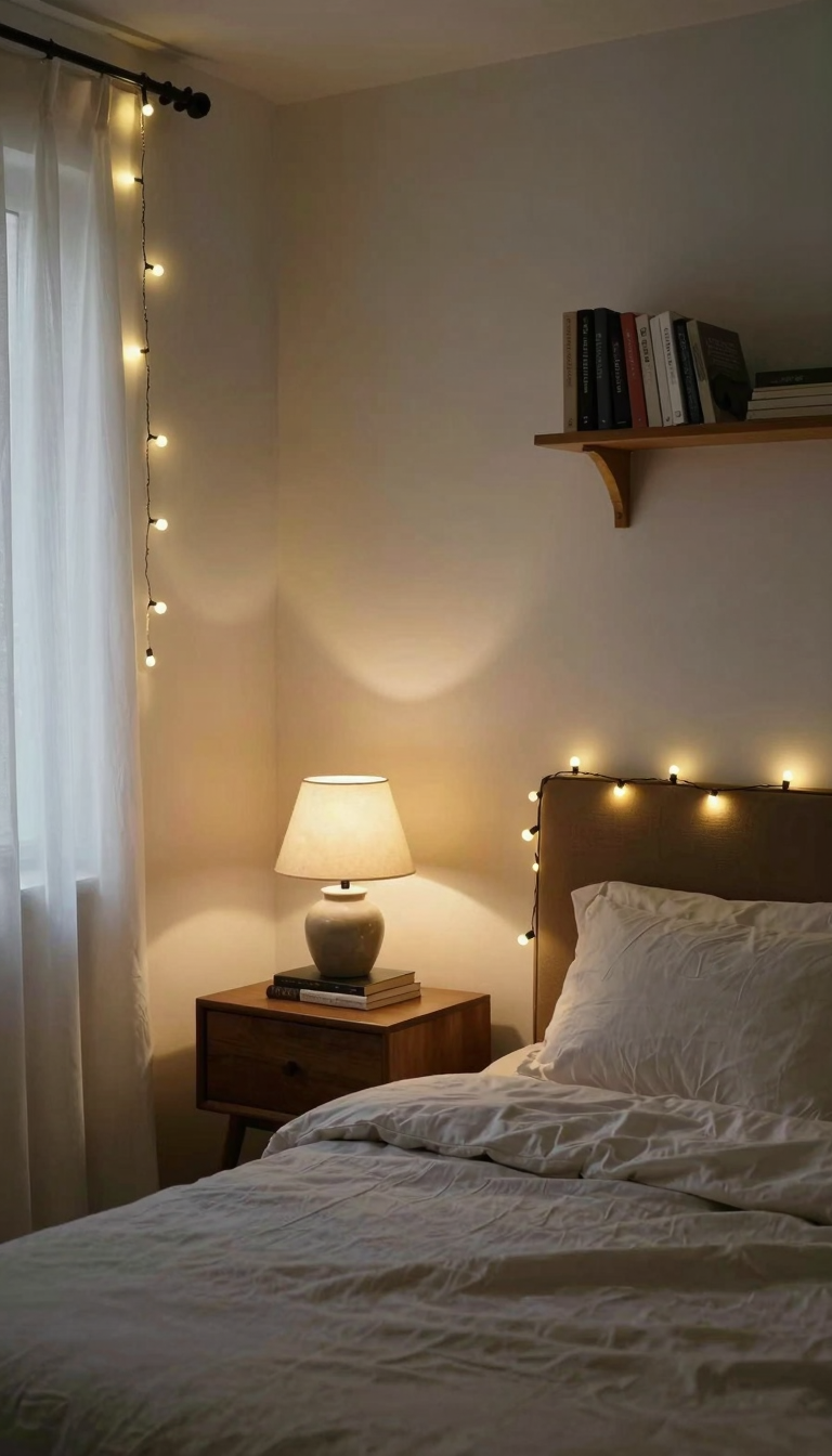 Battery-powered string lights draped along a headboard and bookshelf for soft ambient lighting in an apartment
