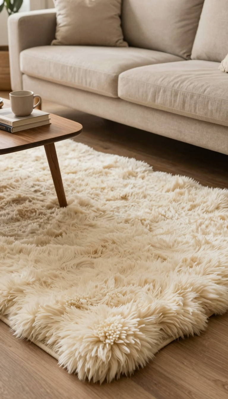 Faux sheepskin rug in warm cream placed in front of a neutral sofa for a cozy living room on a budget