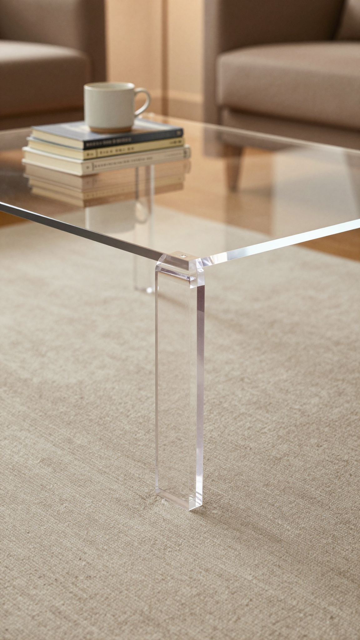 Thrifted coffee table with clear acrylic legs for a floating effect in a cozy living room