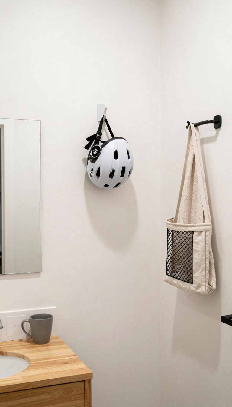 Command Hooks holding a bike helmet, mirror, and shower caddy in a small apartment for damage-free decorating