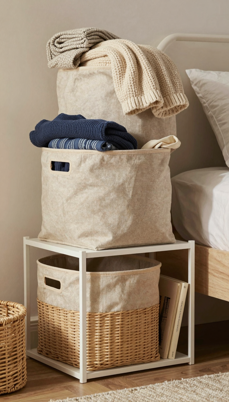 Fabric storage baskets in neutral tones holding blankets, clothes, and books in a cozy bedroom