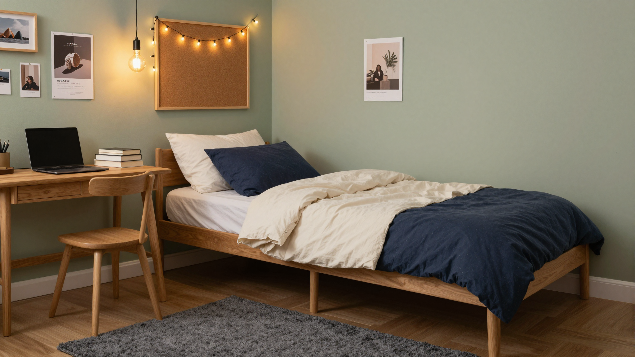 Cozy boys dorm room with warm lighting, navy bedding, wooden desk, and fairy lights