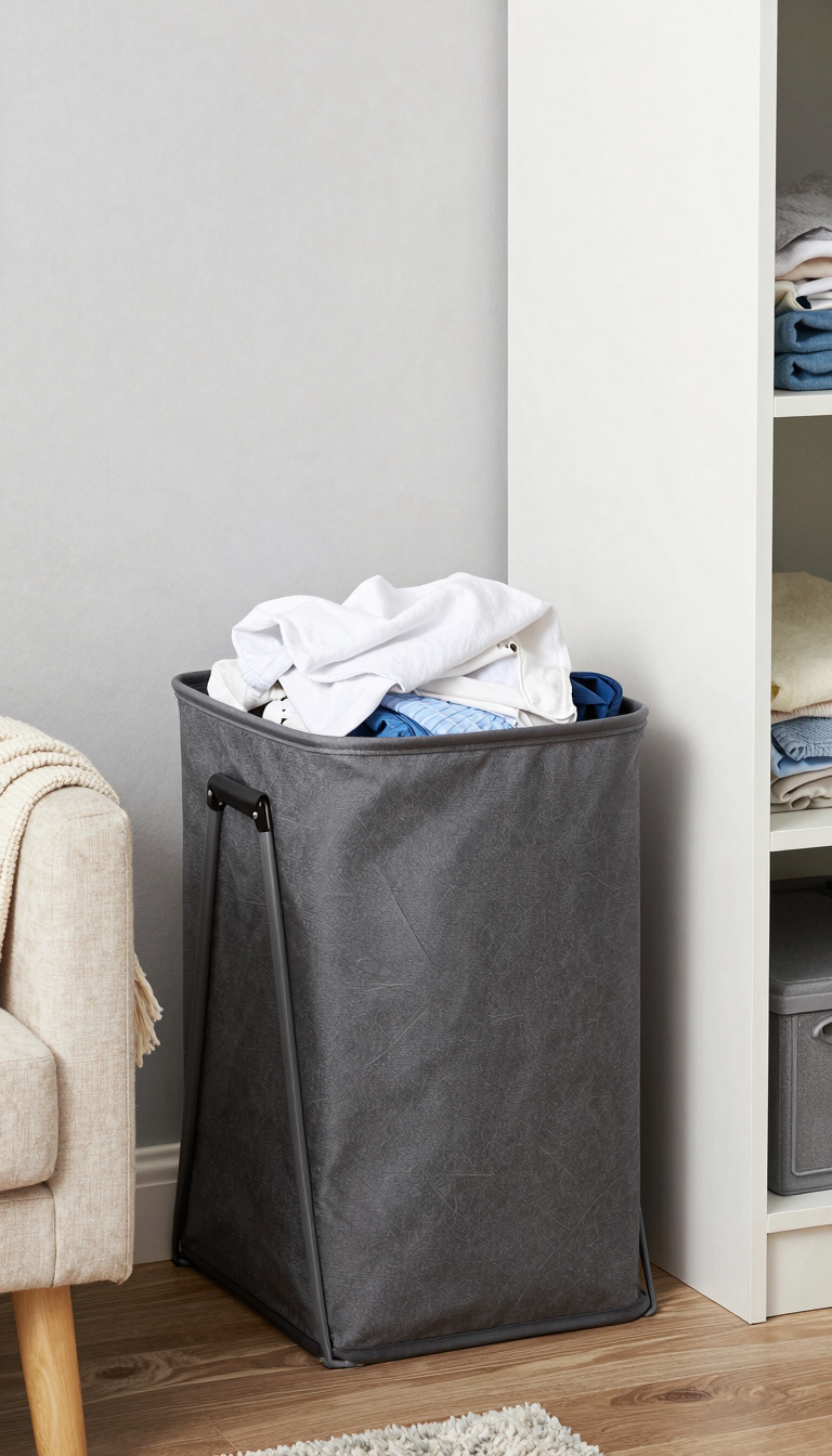 Foldable laundry hamper in charcoal gray holding a pile of dirty clothes in a dorm room