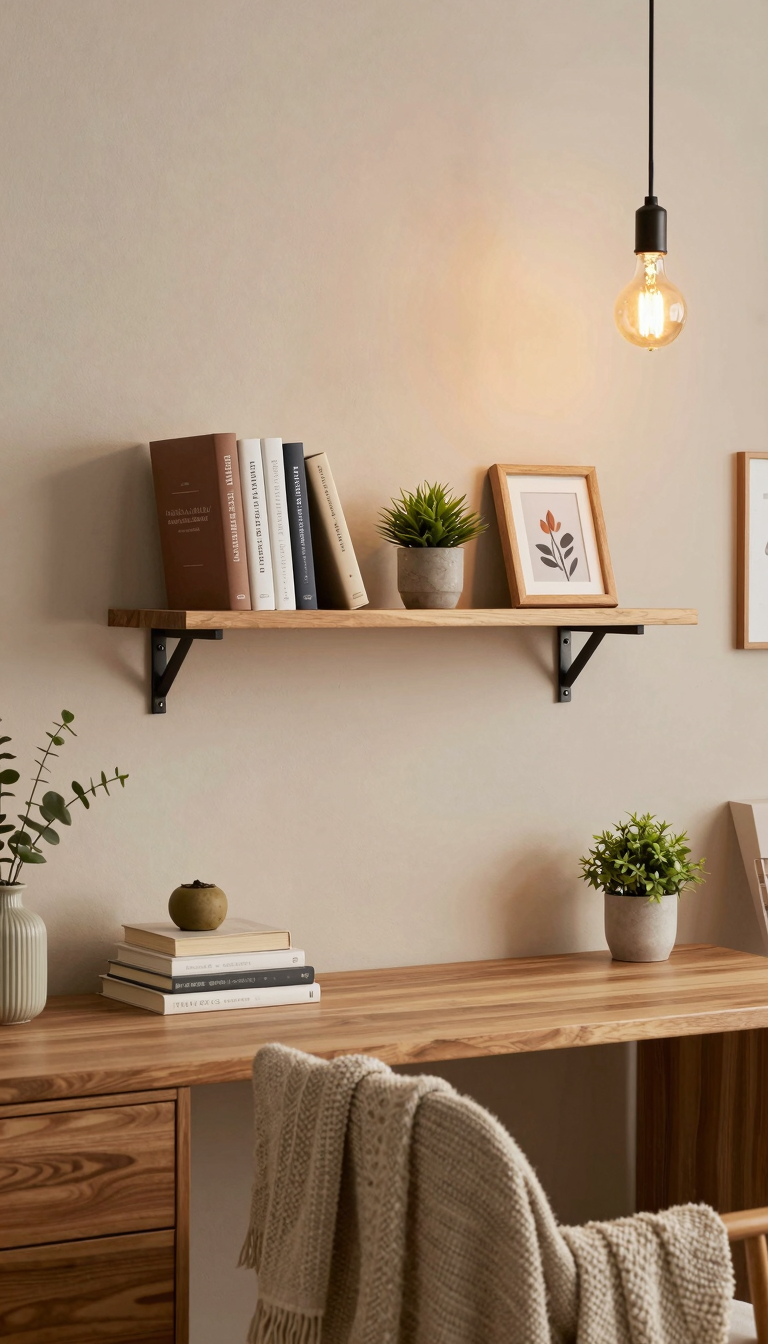 Dorm room with a wall-mounted floating shelf holding books, a plant, and a framed photo