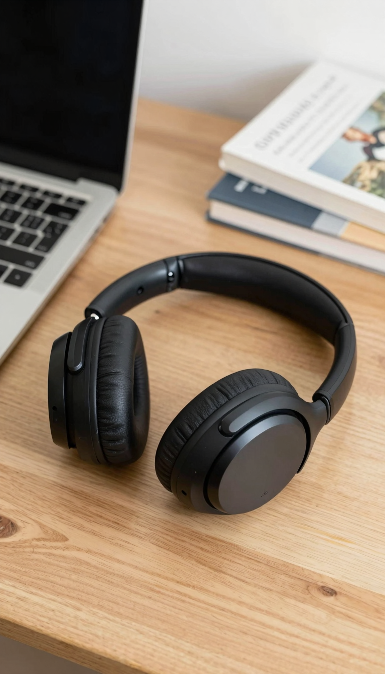Black noise-canceling headphones on a wooden desk next to a laptop and books