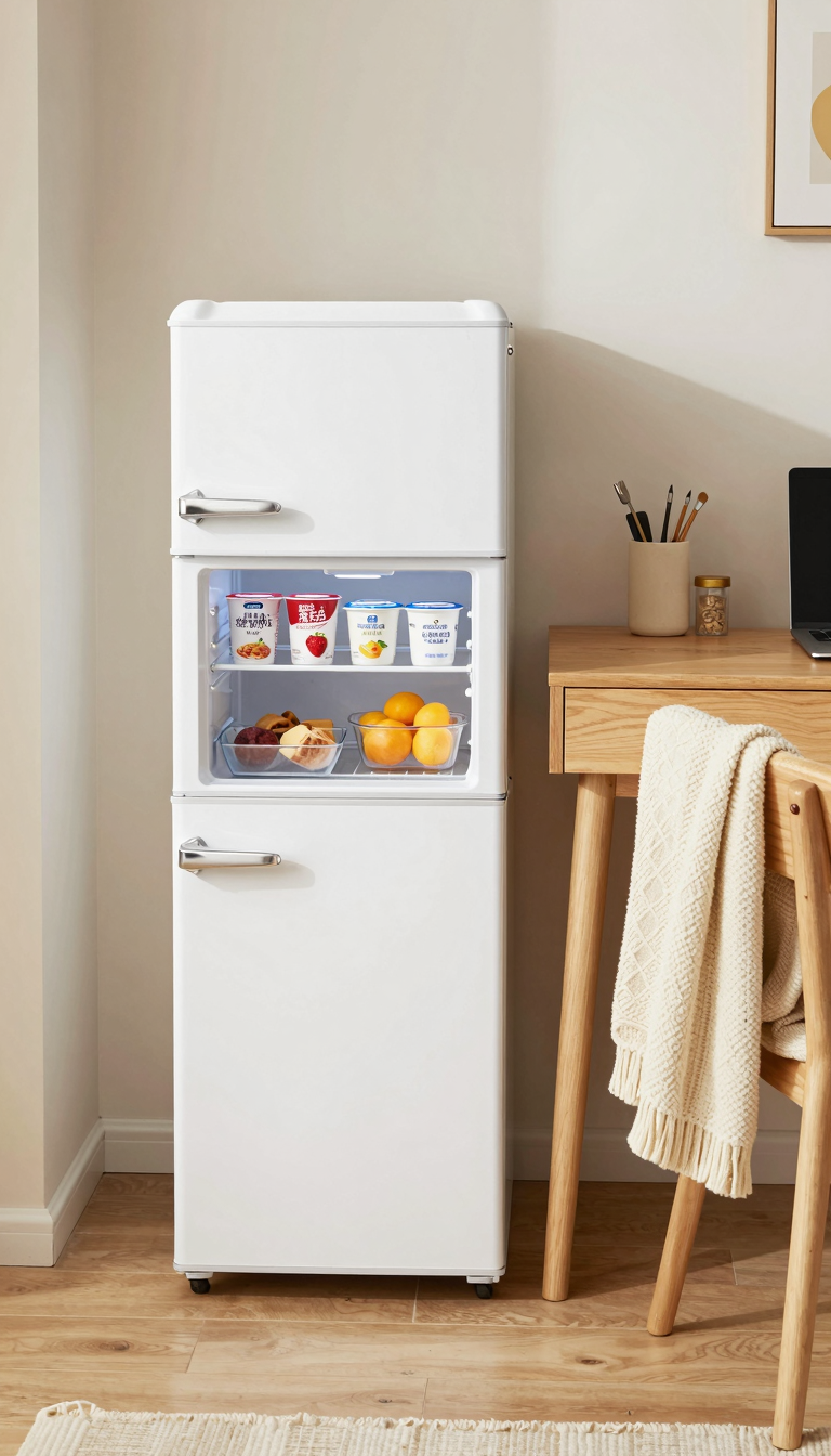 White mini fridge with freezer in a dorm room next to a wooden desk