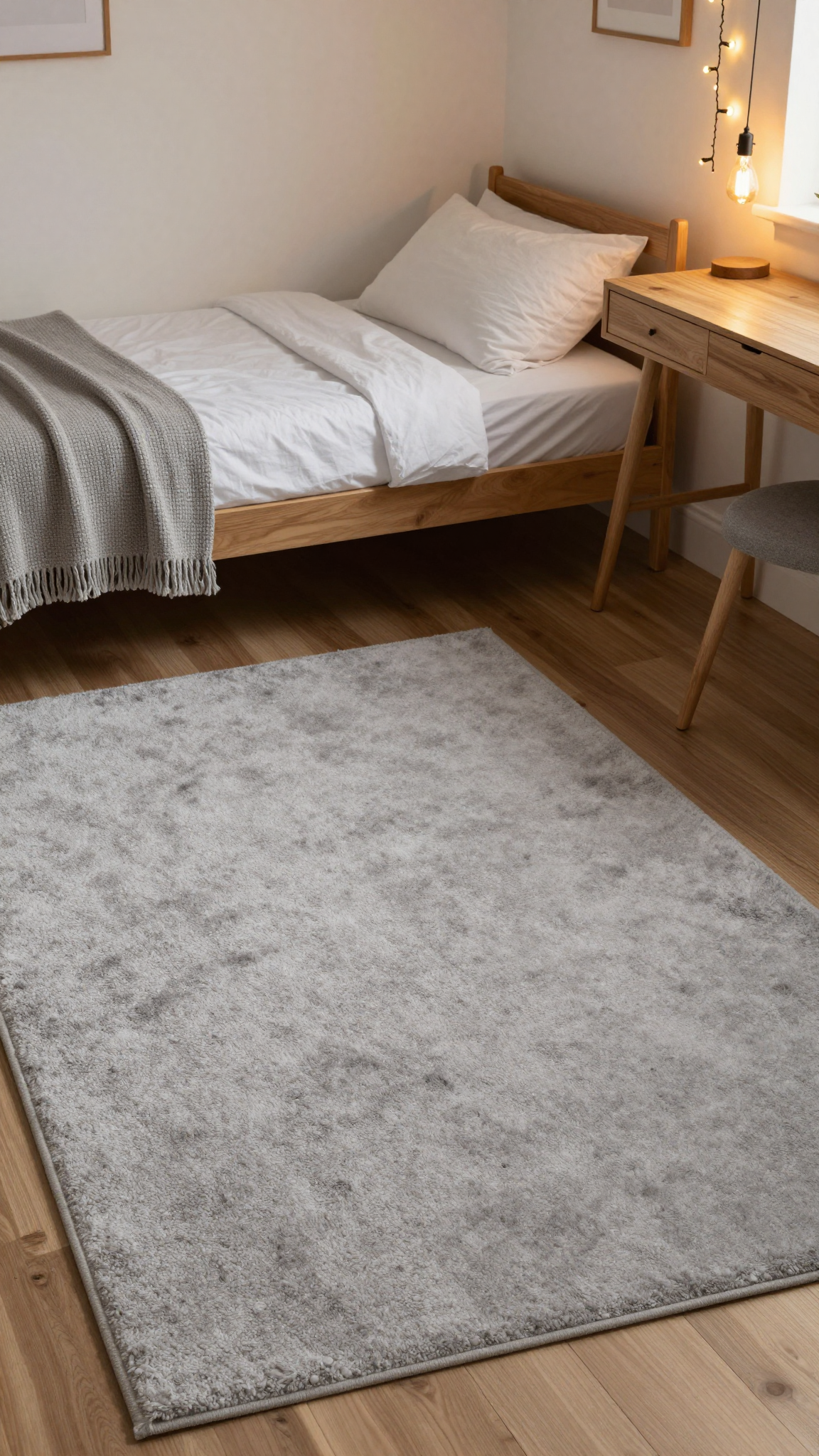 5x7-foot area rug in soft gray under a twin bed and wooden desk in a dorm room