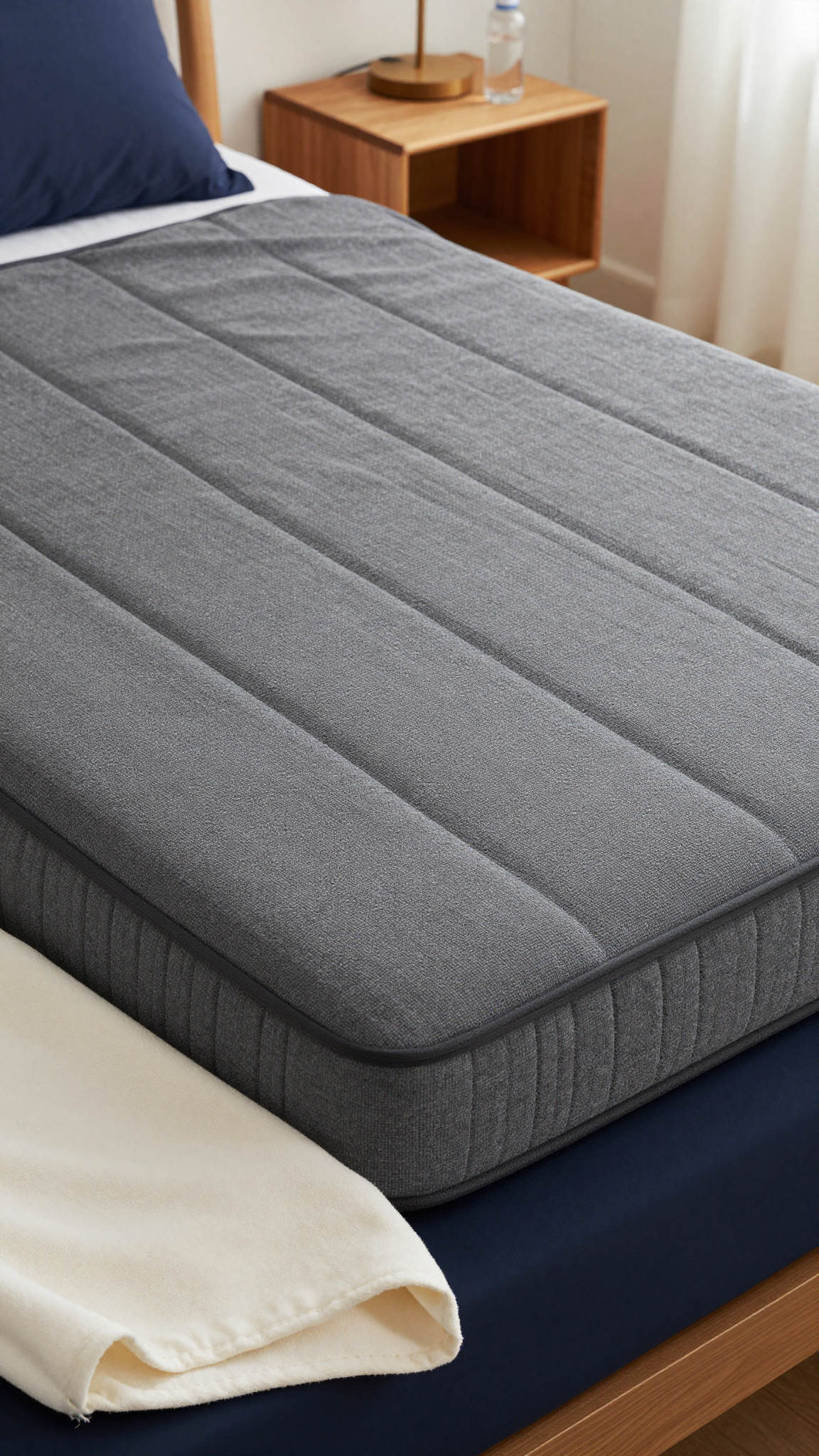 Close-up of a memory foam mattress topper on a twin XL dorm bed with navy sheets