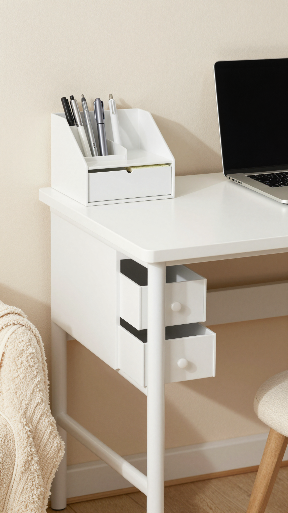 Dorm desk with a white desk organizer holding pens, notebooks, and a laptop