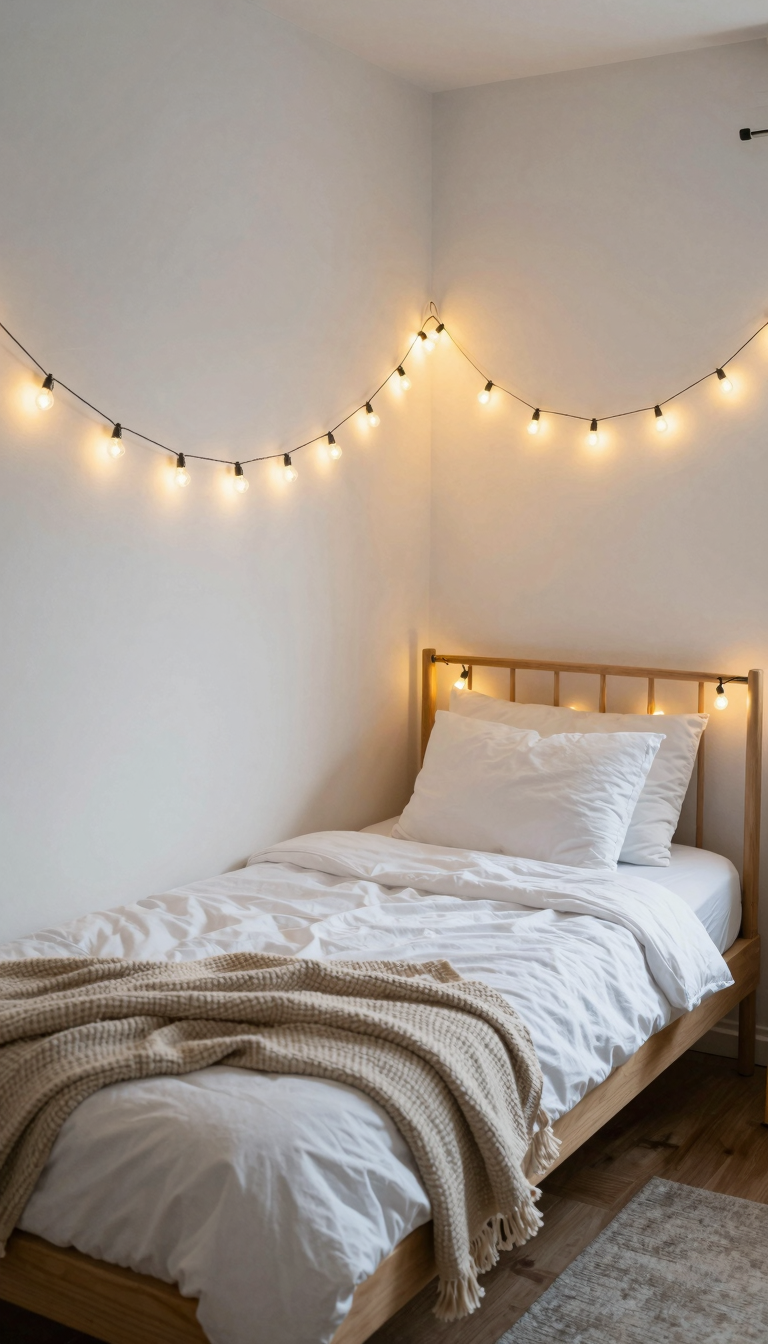 Dorm room with string lights draped around a twin bed frame in warm white