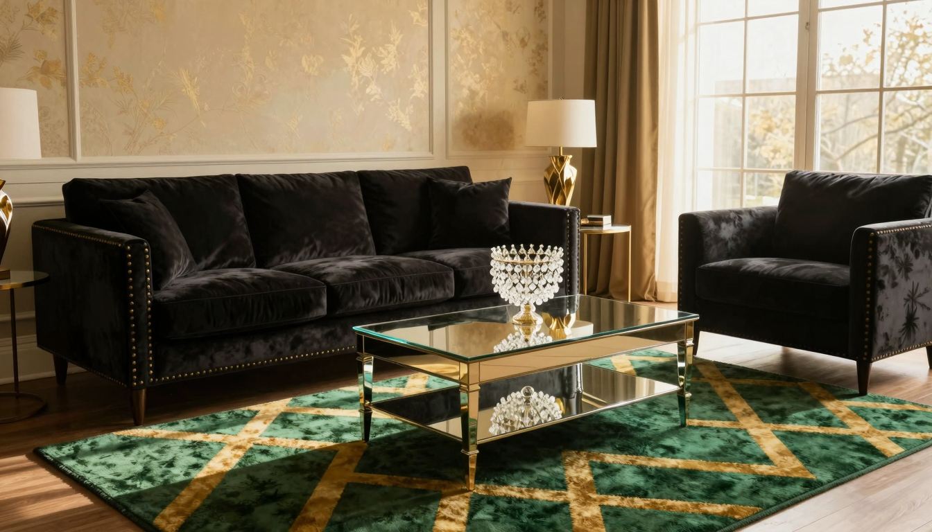 A cozy neo deco living room with a geometric rug, velvet sofa, mirrored coffee table, and crystal chandelier