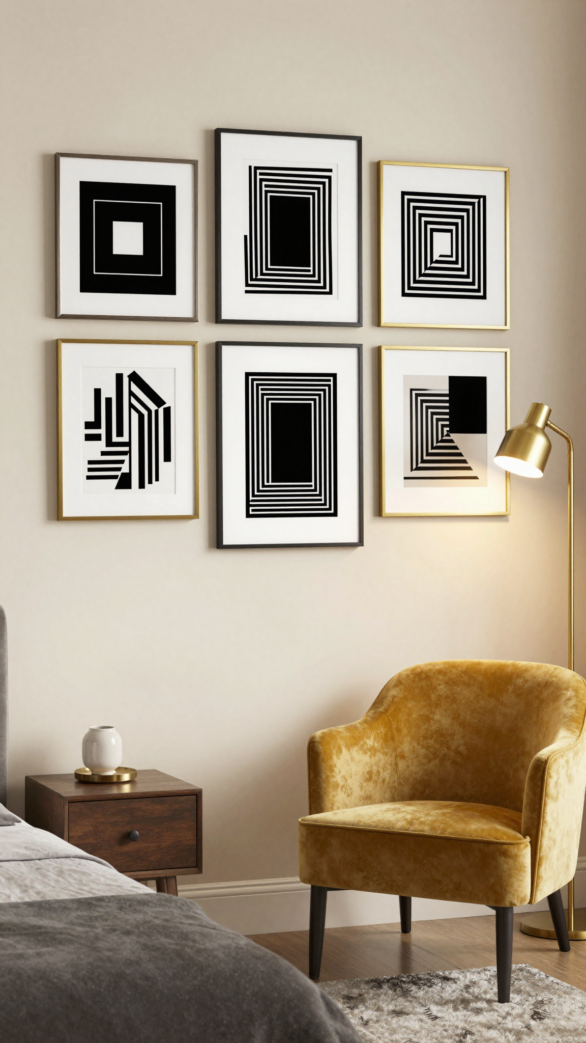 A set of geometric wall art prints in black and gold framed on a wall in a neo deco bedroom