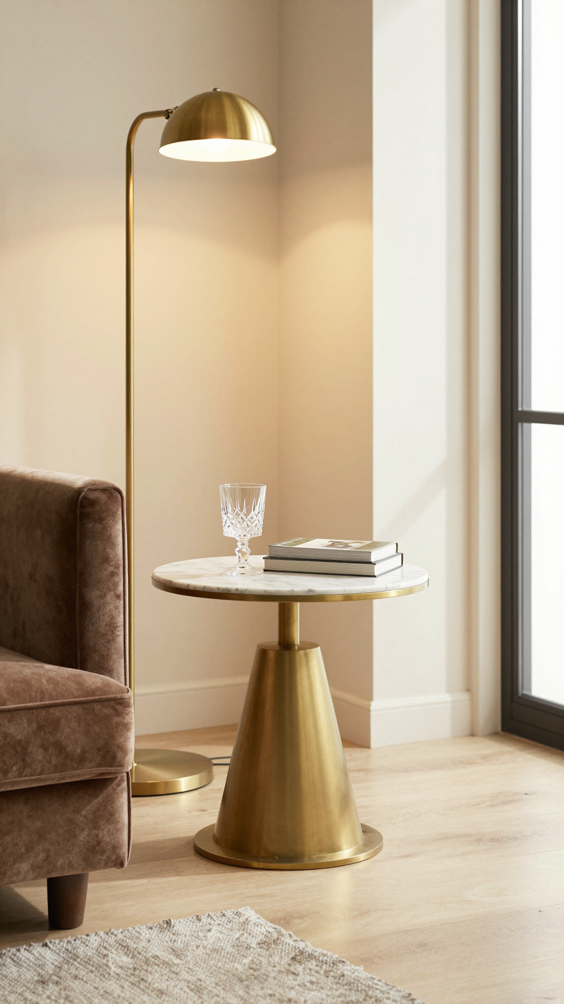 A brass and marble side table with a geometric base in a neo deco living room