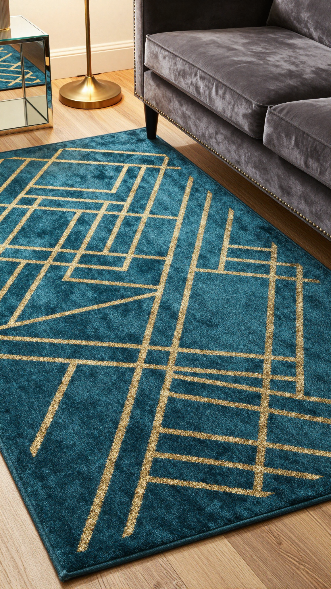 A geometric patterned rug in teal and gold with a velvet sofa and brass accents