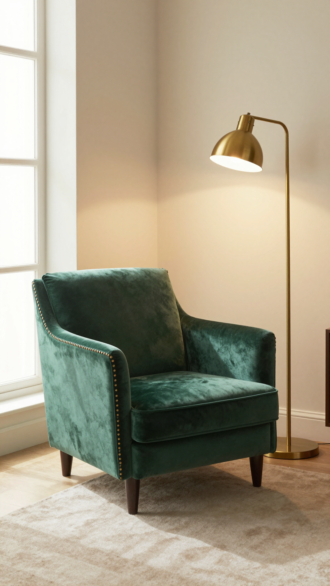 A velvet armchair in emerald green with a curved back and brass nailhead trim