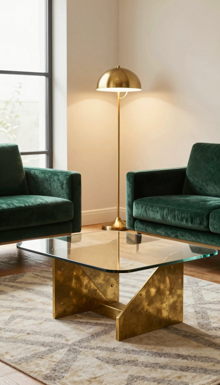 A brass and glass coffee table with a geometric base in a neo deco living room