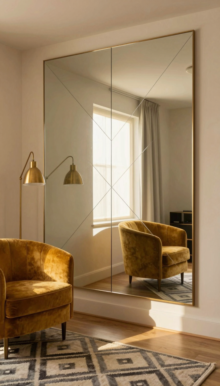 A mirrored accent wall with a geometric pattern reflecting a velvet sofa and brass lamp