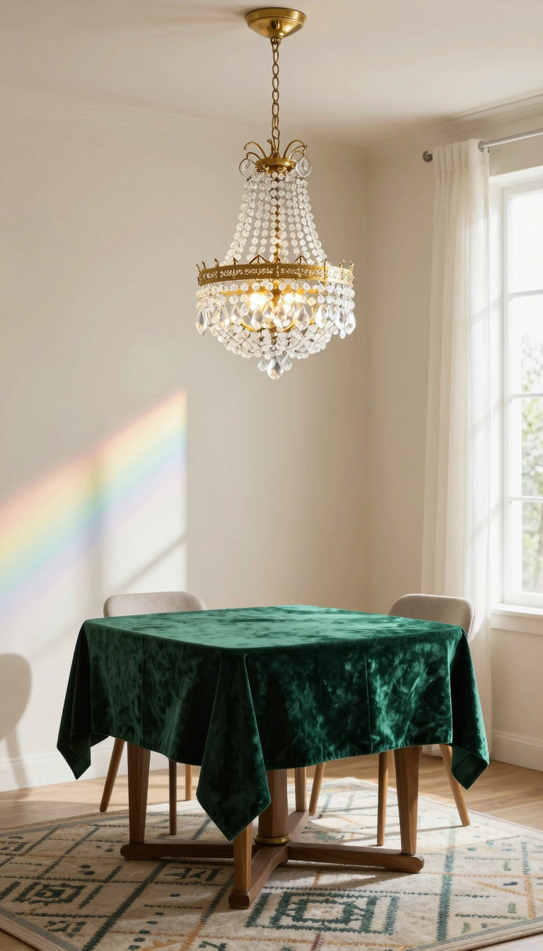A crystal chandelier with a brass frame hanging above a dining table in a neo deco dining room