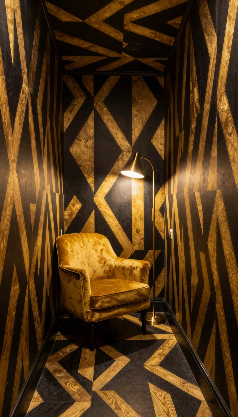 Black and gold geometric wallpaper with a velvet armchair and brass lamp in a neo deco hallway