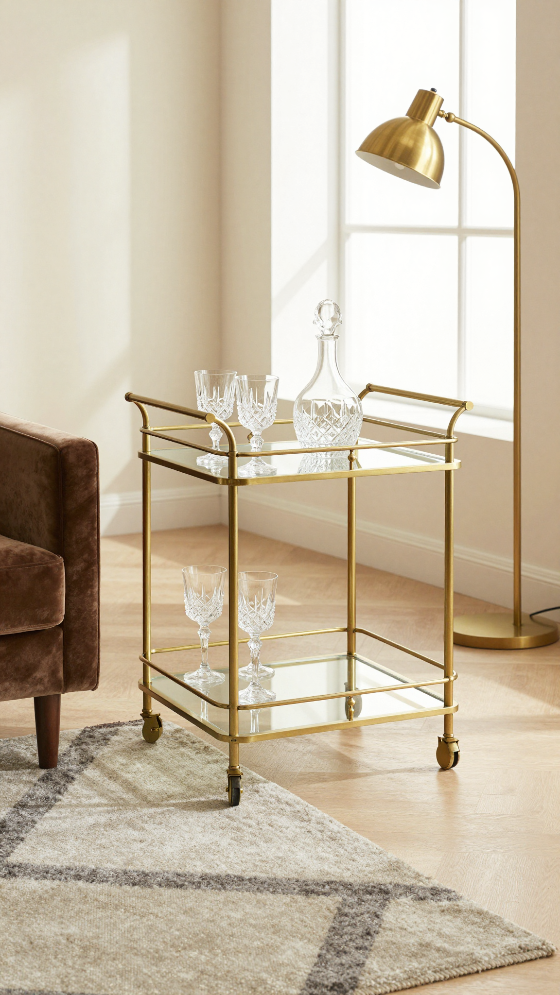 A brass bar cart with a glass top and open shelving in a neo deco living room
