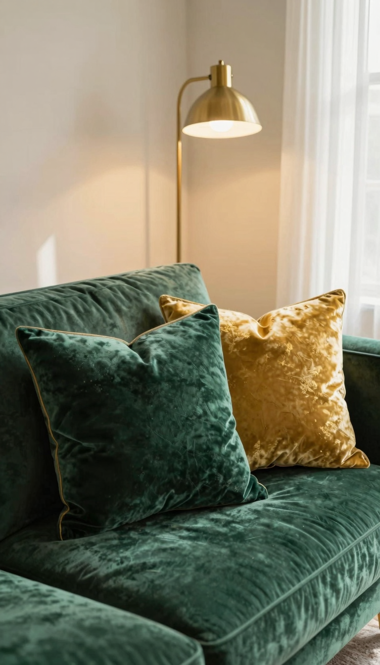 A set of velvet throw pillows in emerald green and gold on a velvet sofa