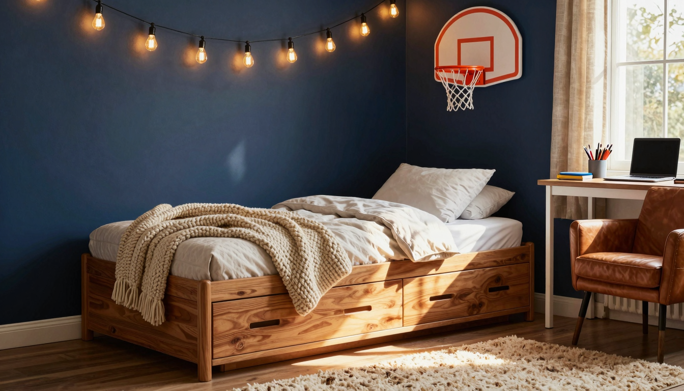 Cozy preteen boys bedroom with navy accent wall, twin bed with storage, leather armchair, and sports decor