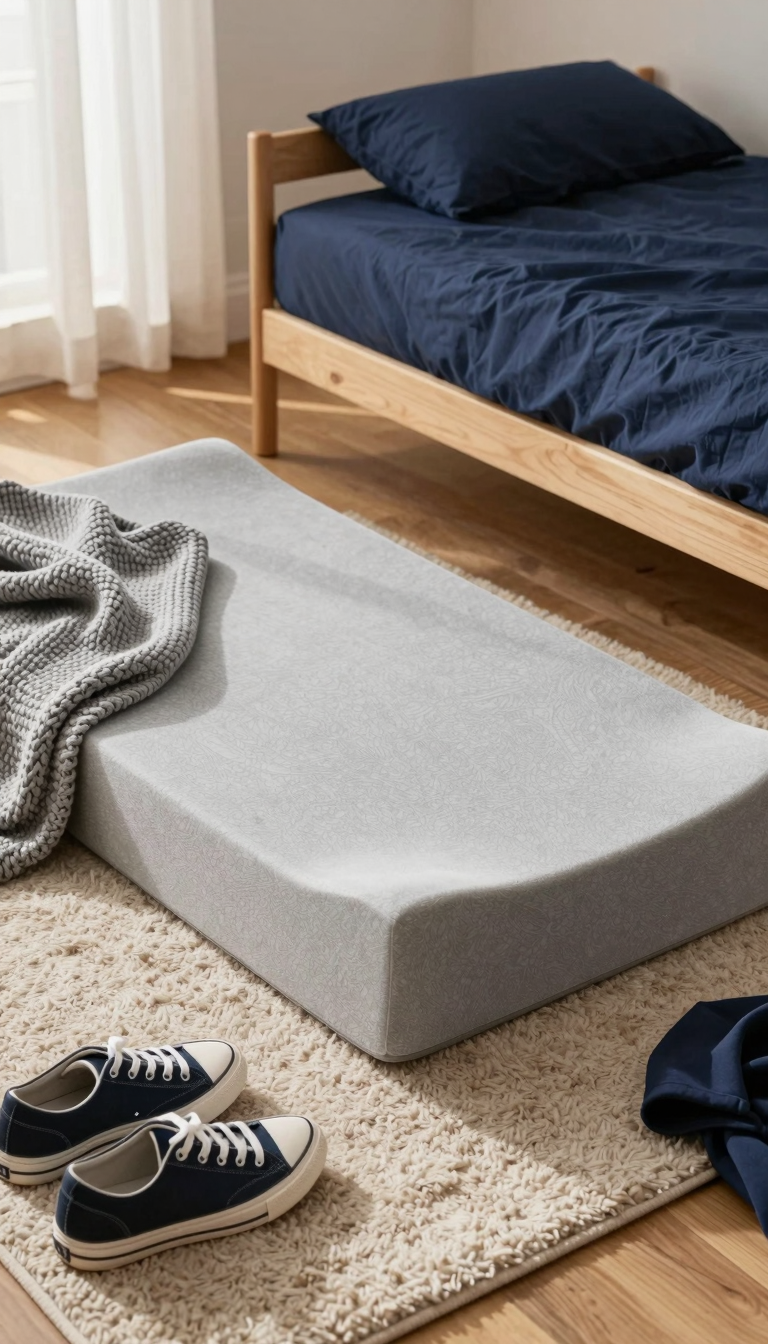 Memory foam floor mattress unrolled on a shag rug with a hoodie nearby