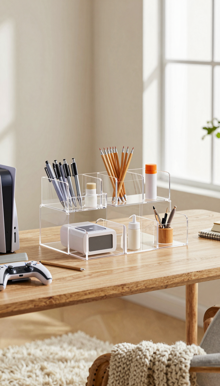 Acrylic desk organizer set holding pens and pencils on a cluttered desk