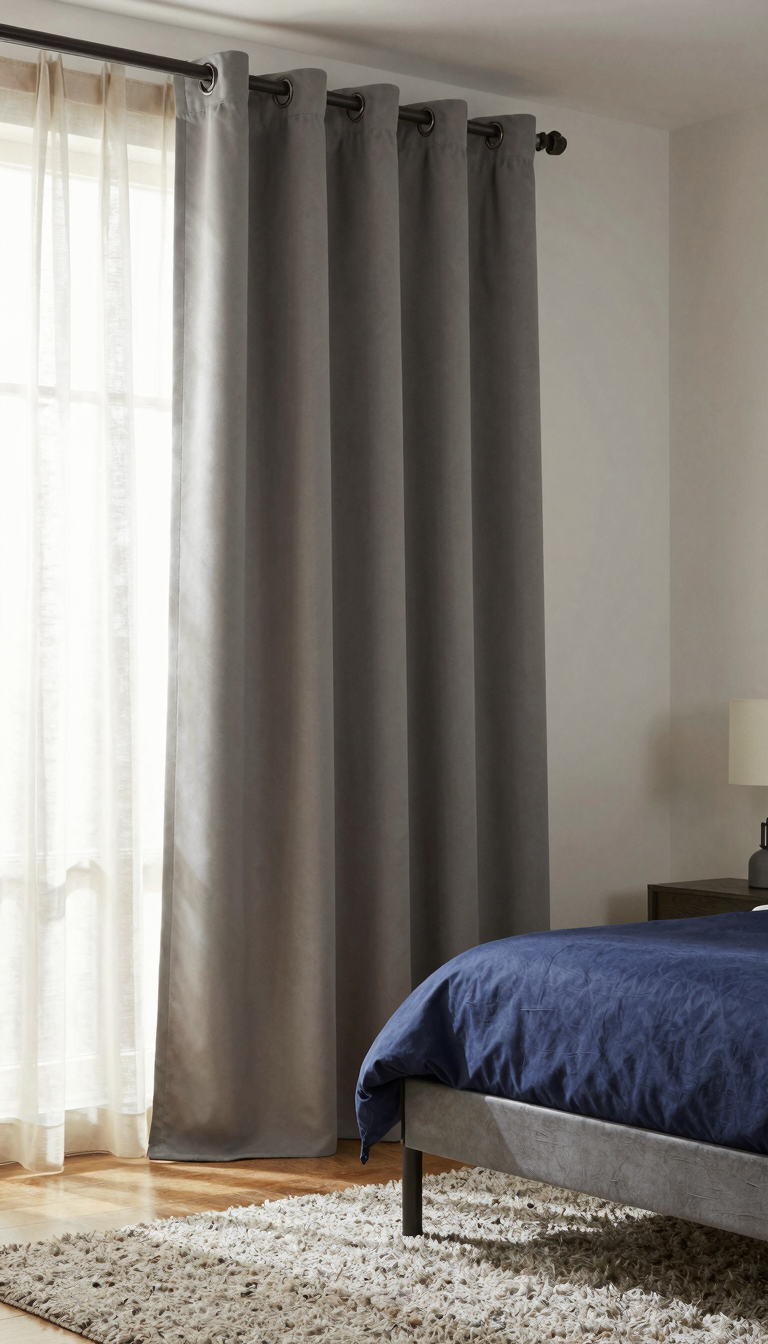 Blackout curtains with thermal insulation in warm gray hanging from a standard rod