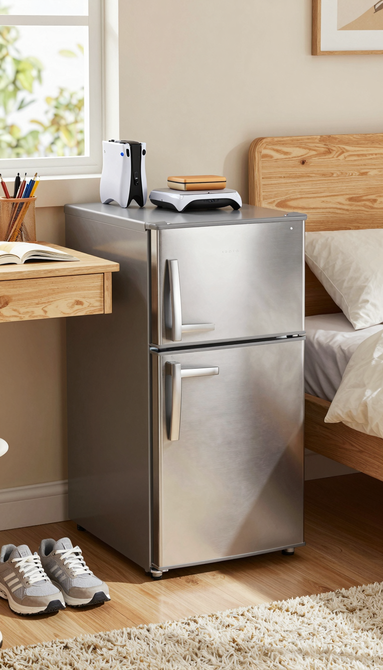 Mini fridge for bedrooms in sleek stainless steel under a desk