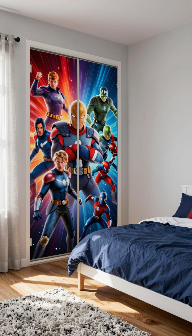 Wall decals of Marvel and Star Wars characters on closet doors and a blank wall