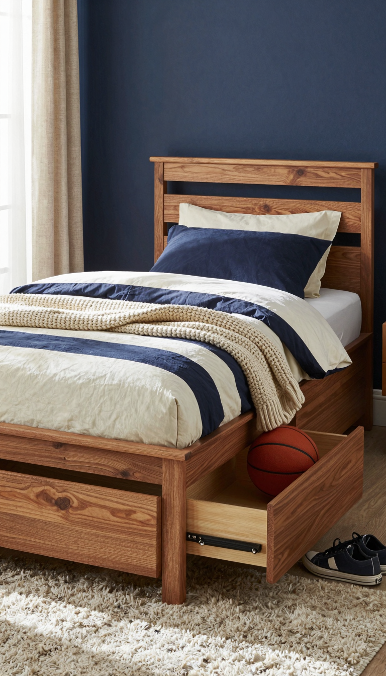 Twin bed frame with built-in drawers in warm wood, navy bedding, and sports decor